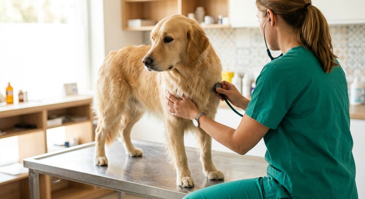 Veterinarian in green scrubs listening to a golden retriever's chest with a stethoscope on an exam table