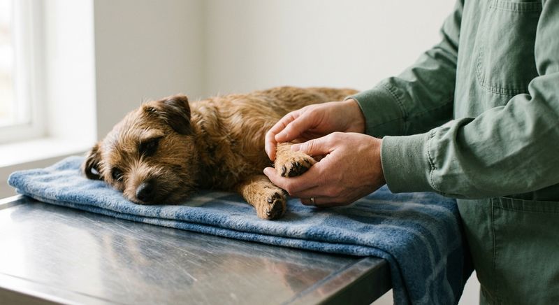 Veterinarian's hands gently holding the front paw of a small terrier resting on a blanket