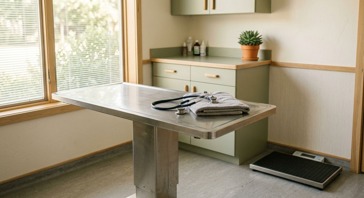 Quiet veterinary exam room with a stainless steel table, sage green cabinets, and morning window light